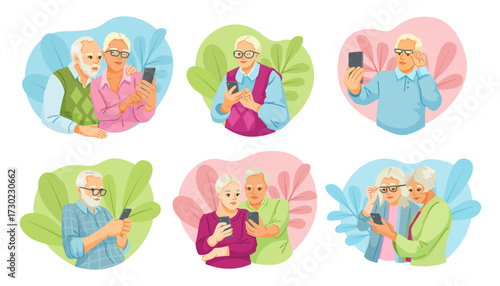 Elderly men and women interacting with smartphones, cartoon style, colorful abstract backgrounds, concept of senior digital literacy. Vector illustration