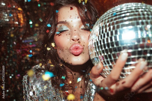 Fashion Girl Blowing Confetti with Disco Ball