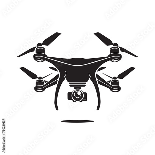 Black silhouette of a quadcopter drone with a camera and a subtle shadow underneath on a white background