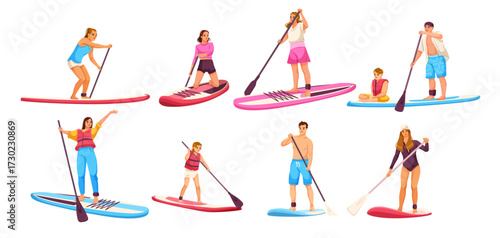 Group of diverse people paddleboarding with paddles in different poses and outfits on white background. Concept of water sport activity. Vector illustration