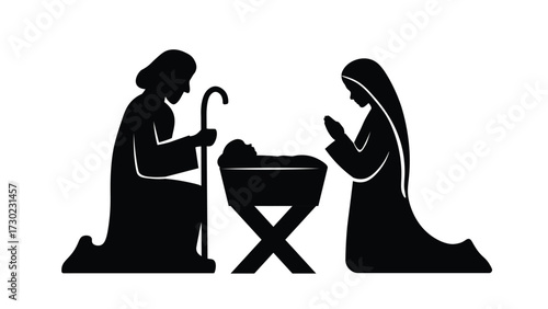 Nativity scene with Mary,  Joseph and baby Jesus in manger silhouette