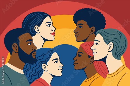 Group of diverse people in profile against a colorful gradient background.