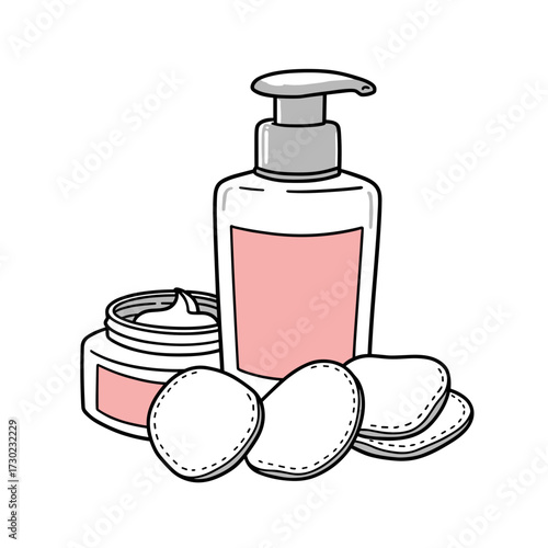 Cotton pads near open moisturizer and creamy body lotion  