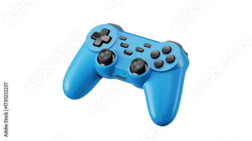A bright blue video game controller with black buttons and joysticks on a white background gaming console