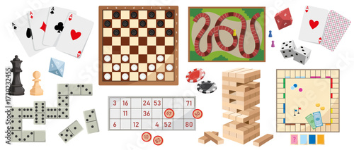 Collection of classic board games, card games, dice, and game pieces in flat graphic style, shown on white background. Concept of leisure and fun. Vector illustration