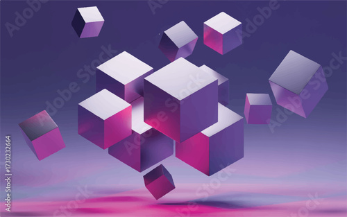 Abstract Arrangement of Metallic Cubes Floating in a Gradient of Purple and Pink Hues Keywords: abstract, cubes, geometric, shapes, 3D, rendering, floating, suspended, metallic, silver, chrome