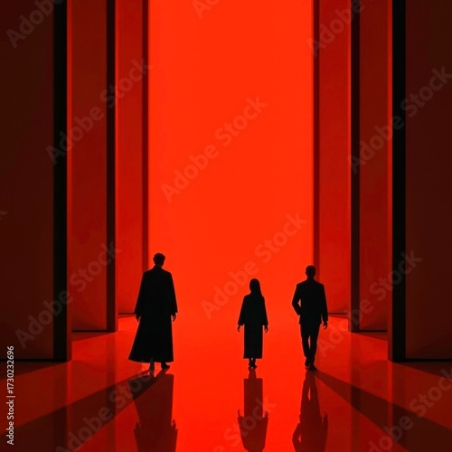 The scene of characters walking in front of the red wall