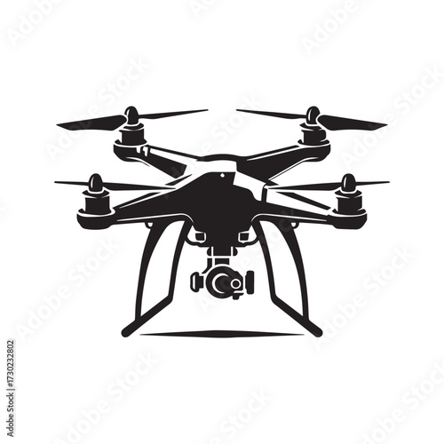 Black silhouette of a quadcopter drone with a camera gimbal against a white background aerial vehicle