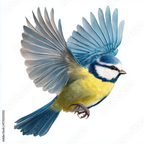 Blue tit bird in flight, isolated on white background cut out png