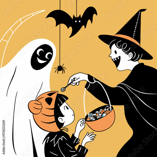 Cute halloween illustration of a child in a pumpkin costume receiving candy from a witch with a ghost and bat nearby