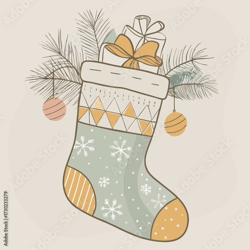Cozy christmas stocking overflowing with gifts and adorned with festive ornaments and pine branches