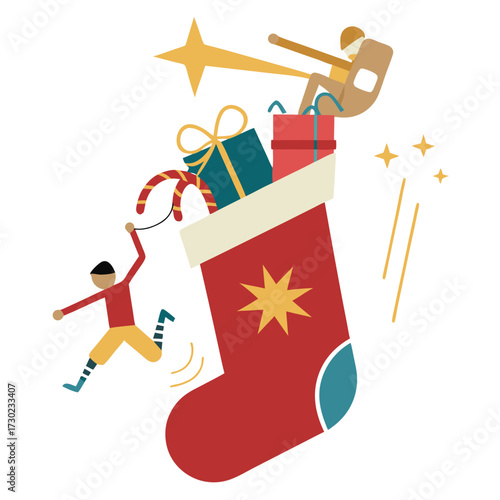 Whimsical christmas stocking overflowing with gifts and candy canes with tiny people celebrating the holiday season