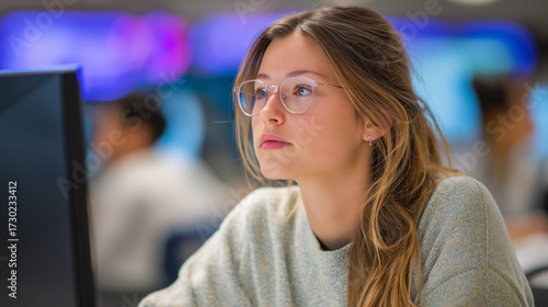 Young woman studying intently at computer with glasses in lab  