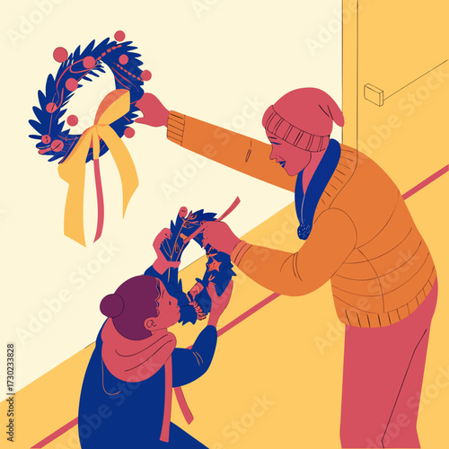 A parent and child happily decorate a christmas wreath together for the holiday season indoors