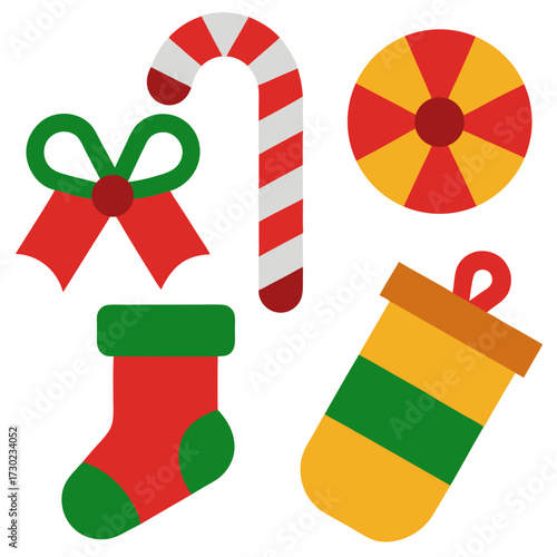 Collection of festive christmas icons including a candy cane red and green stocking colorful bow and gift bag on a white background