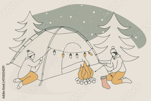 Cozy winter camping scene with two people roasting marshmallows by a campfire outside a tent decorated with string lights and snow falling