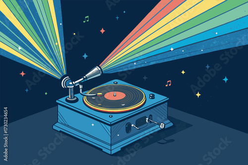 Retro record player emitting colorful music waves in a dark room.