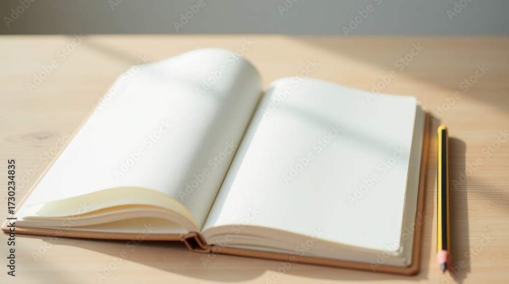 Fototapeta premium open book with blank pages, open book on wooden background, 