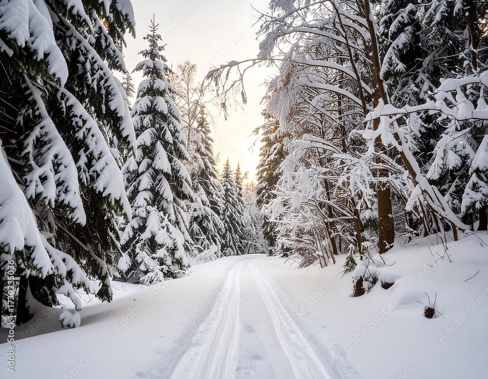 Obraz premium Snow-covered path through a winter forest at sunrise (1)
