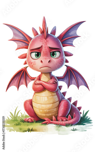 Adorable and sad little dragon with wings, crossed arms, and a cute expression isolated on transparent background, capturing a whimsical and endearing character