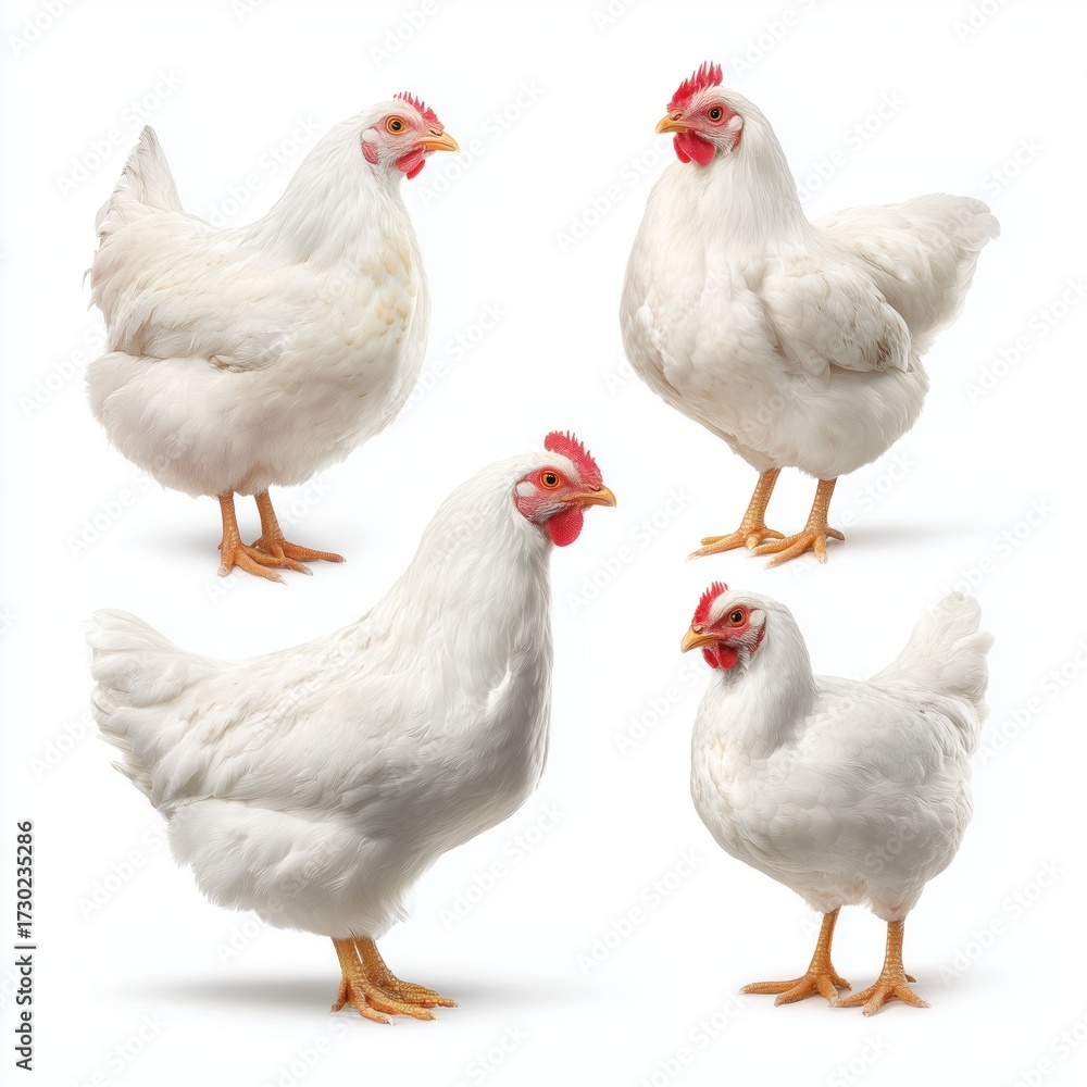 Fototapeta premium Four white chickens isolated, white background cut out png