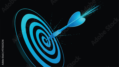 Blue Dart Hitting Bullseye with Splatter Effect on Black Background target success