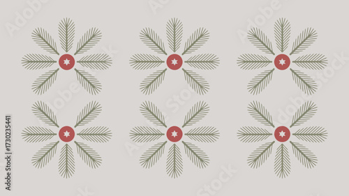 Repeating pattern of stylized fir branches with red center circles on a light beige background design