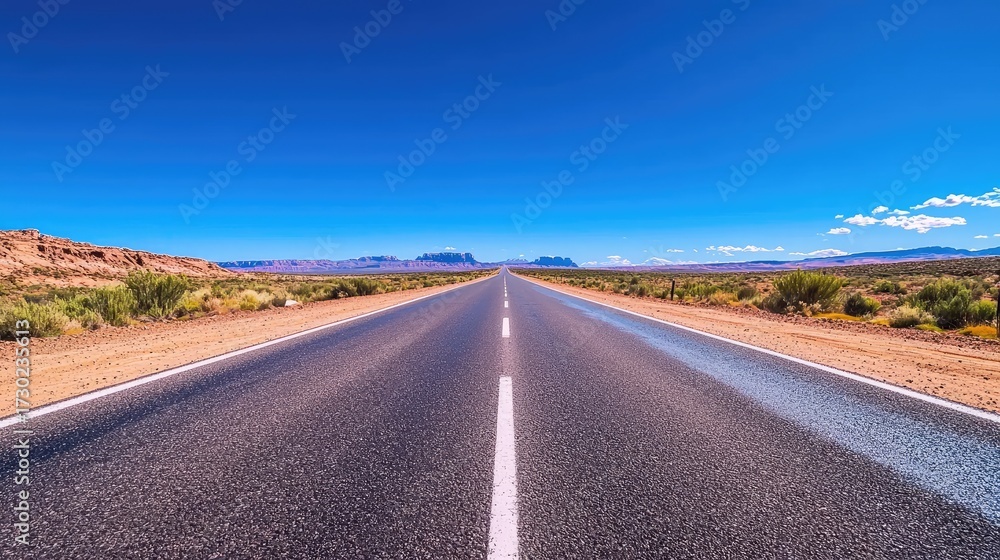 Naklejka premium Vast Open Road Across Desert Landscape Under Bright Blue Sky with Sparse Vegetation and Faraway Mountains