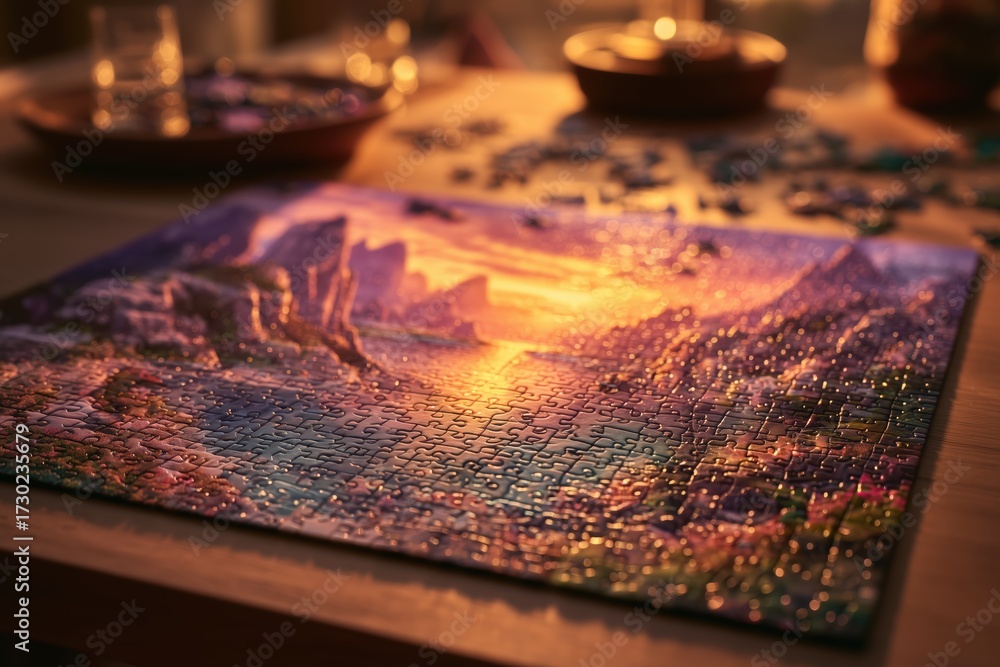 Naklejka premium Jigsaw Puzzle Completion with a Purple Mountain Landscape on a Wooden Table Top