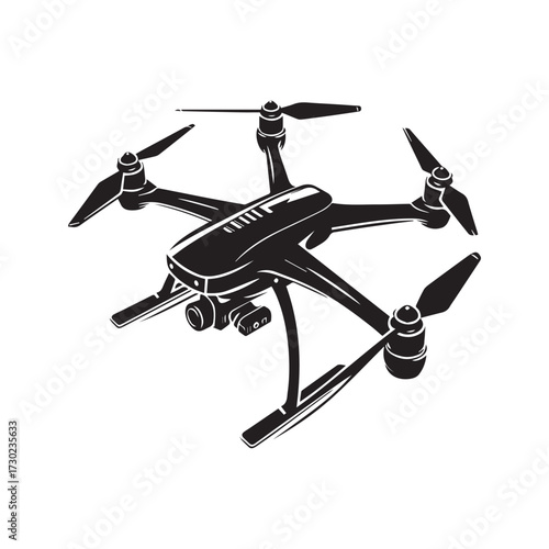 Black Silhouette of a Quadcopter Drone with Camera and Propellers in Isometric View unmanned aerial vehicle