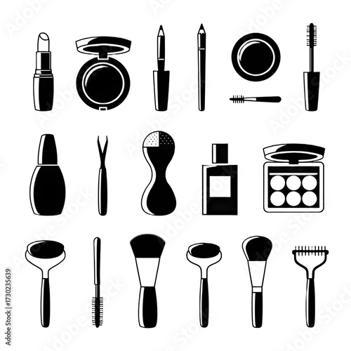 Black and white makeup set isolated on transparent background, showcasing essential beauty tools for creating flawless looks, perfect for cosmetic enthusiasts