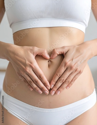 Woman's hands forming heart shape on abdomen