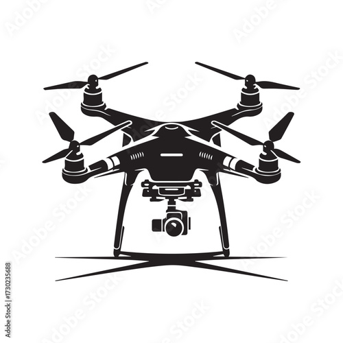 Black Silhouette of a Quadcopter Drone with Camera and Shadow on White Background aerial photography