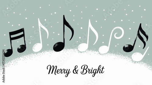 Musical notes in black and white with snow falling on a gray background merry and bright message