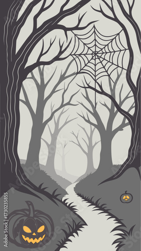 Halloween vector poster of a dark enchanted forest path, twisted trees with glowing eyes, spider webs hanging, pumpkins lighting the way, mist covering ground, complex layered design.