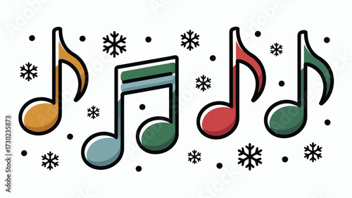 Colorful music notes with snowflakes and dots on a white background in a festive holiday theme design