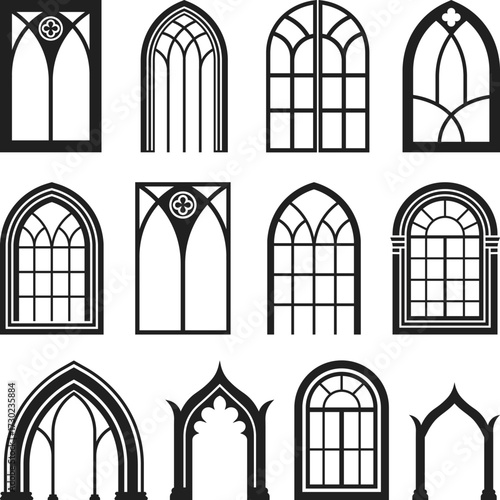 Gothic Arch Elements Vector Art icon, Gothic Window Collection Architectural Silhouette Illustrations, isolated on a white Background