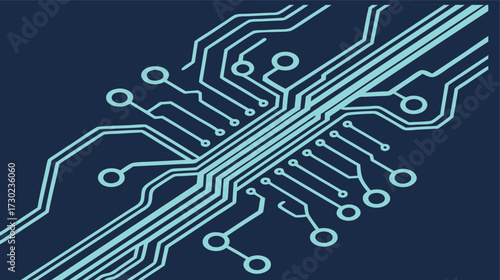 Abstract circuit board wires in light blue on dark background create modern and technological feel, perfect for digital themes