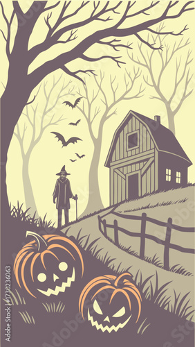 Vector Halloween poster of scary pumpkin patch with glowing jack-o’-lanterns, scarecrow with glowing eyes, old wooden barn in background, eerie fog, bats flying across night sky.