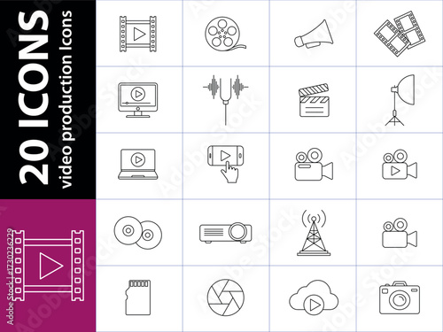 Media production and playback icons in a clean line art style. A set of vector icons representing of 
media creation and consumption