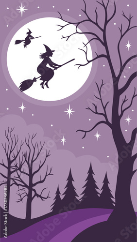Complex Halloween vector design of witches flying on broomsticks across a glowing purple sky, large full moon, spooky forest below, sparkling stars, layered composition, rich details.