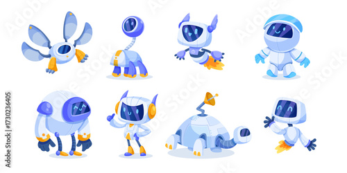 Collection of adorable cartoon-style robots with unique futuristic designs, shown on a white background. Concept of artificial intelligence. Vector illustration