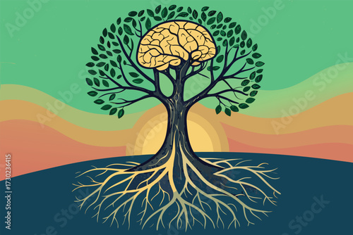A stylized tree with a brain as its crown during sunset.