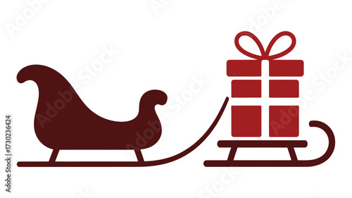 A christmas sleigh with a large red gift box on it, isolated on a white background, holiday illustration