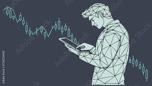 Geometric businessman is focused on tablet, analyzing stock market trends with backdrop of rising graphs, conveying determination and insight