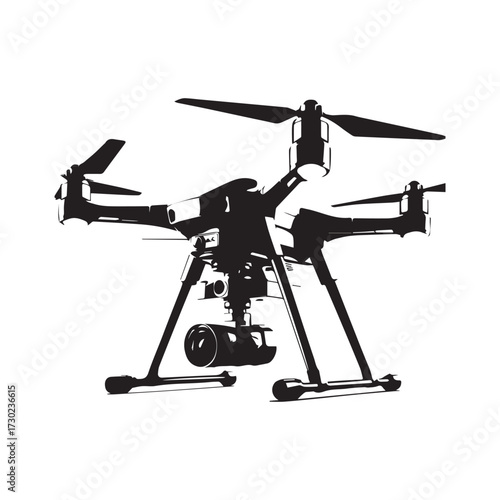 Detailed Black Silhouette of a Drone with Camera Gimbal on White Background quadcopter aerial