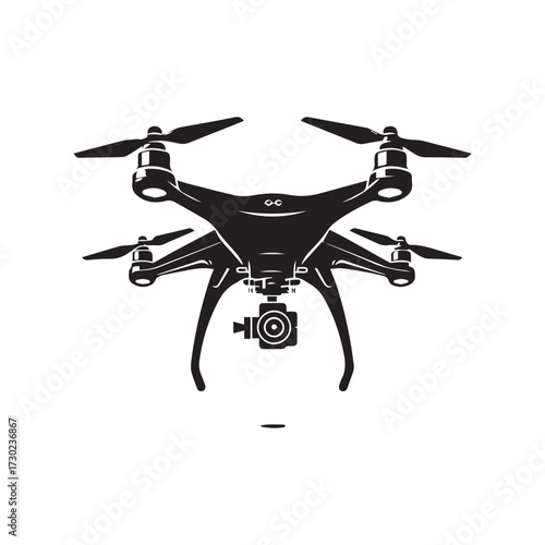 Detailed black silhouette of a quadcopter drone with a camera and gimbal on a white background