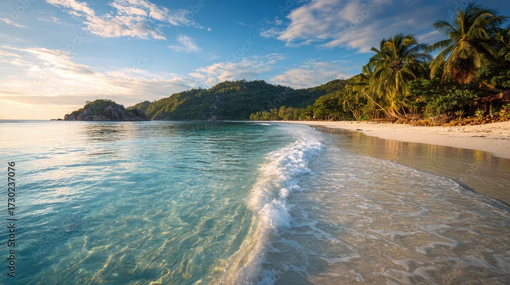 Obraz premium Tropical Beach With Palm Trees and Ocean