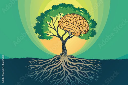 A stylized tree with a human brain as its crown and extensive roots.
