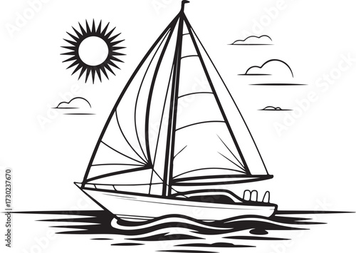 Sailing Ship under the Sun – Nautical Black and White Drawing